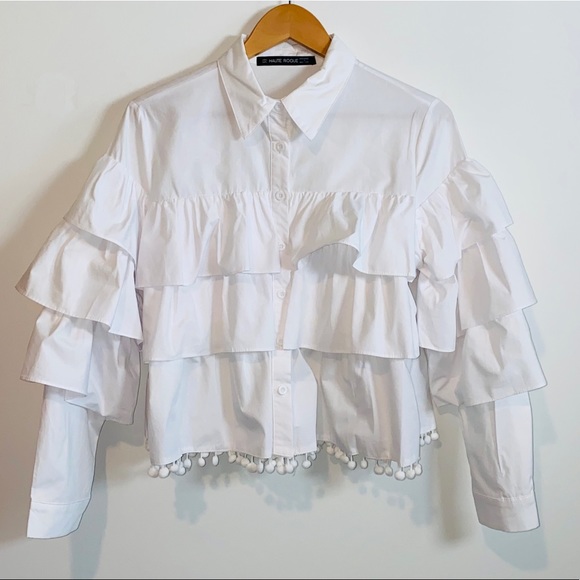 White Button Down Tiered Ruffle Collared Top by Haute Rouge Size L - Picture 3 of 8